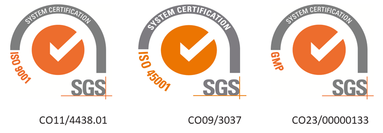 CENTAK ANDINA: Fabricado bajo un sistema de gestión certificado de cumplir con ISO 9001, ISO 45001, BPM por SGS de Colombia.